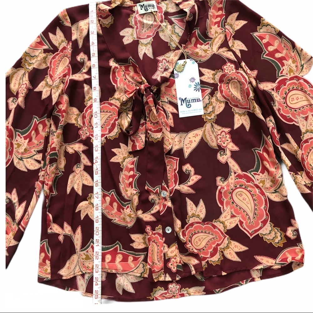 Show Me Your Mumu Brynn Paisley Boho Blouse Tie Neck Burgundy XS NWT - Picture 13 of 16
